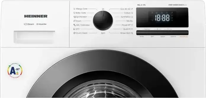 Стиральная машина Heinner HWM-HME9014IVA10+++ с фронтальной загрузкой, 9 кг, 1400 об/мин, инверторный двигатель, очистка паром, 15 программ, класс A-10%, белая