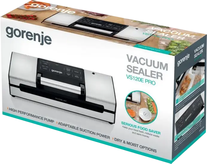 Aparat de vidare Gorenje VS120E PRO, 120W, Otel Inoxidabil, Moduri Umed și Uscat, Vacuum Pulsatoriu, Port pentru Recipiente, Gri