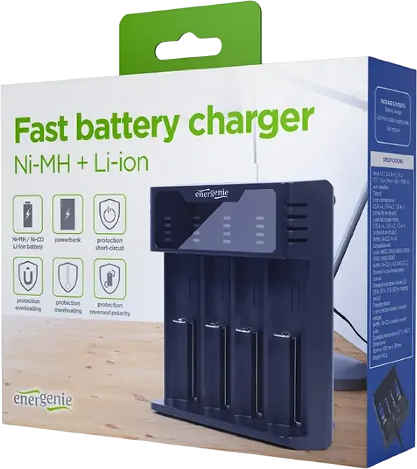Incarcator Universal de Baterii Energenie BC-USB-02, 4 Sloturi Ni-MH Ni-CD Li-Ion AA AAA 18650, Functie Powerbank USB 5V/2A, Recuperare Li-Ion, Negru