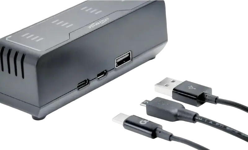 Incarcator Universal de Baterii Energenie BC-USB-02, 4 Sloturi Ni-MH Ni-CD Li-Ion AA AAA 18650, Functie Powerbank USB 5V/2A, Recuperare Li-Ion, Negru