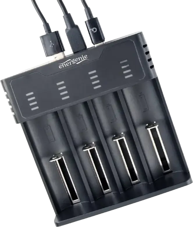 Incarcator Universal de Baterii Energenie BC-USB-02, 4 Sloturi Ni-MH Ni-CD Li-Ion AA AAA 18650, Functie Powerbank USB 5V/2A, Recuperare Li-Ion, Negru