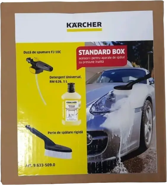 Set Accesorii Karcher 9.633-509 Standard Box cu Detergent Universal RM 626 1L, Duza de Spuma FJ 10C si Perie de Spalat Rigida pentru Spine Washers