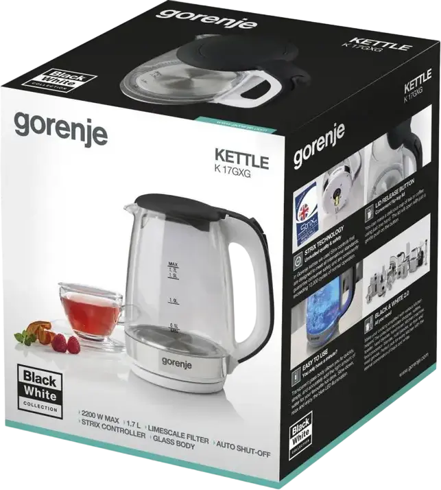 Gorenje K17GXG Electric Kettle, 1.7L, 2200W, Glass and Stainless Steel, Blue LED Illumination, Strix Controller, 360-degree Base, Black & White Collection