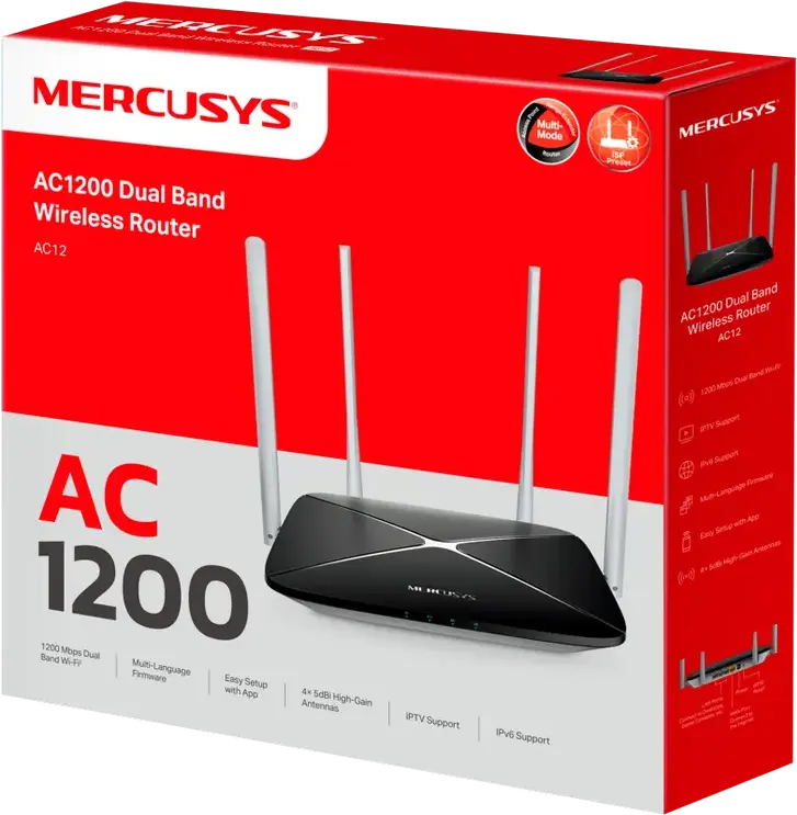 Mercusys AC12 AC1200 Dual Band Wireless Router, 867 Mbps 5GHz + 300 Mbps 2.4GHz, 4x 5dBi External Antennas, 2x2 MIMO, IPv6, IPTV, Parental Controls, Black
