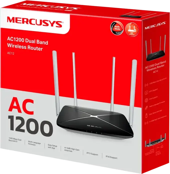 Mercusys AC12 AC1200 Dual Band Wireless Router, 867 Mbps 5GHz + 300 Mbps 2.4GHz, 4x 5dBi External Antennas, 2x2 MIMO, IPv6, IPTV, Parental Controls, Black