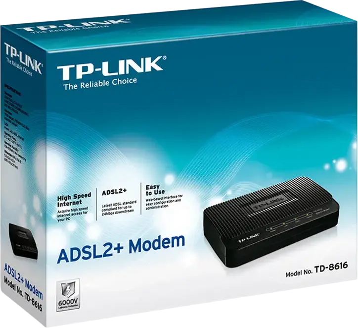 TP-Link TD-8616 ADSL2+ Modem, 24 Mbps Max Downstream, 10/100 Mbps RJ45 Ethernet Port, Built-in Firewall, 6KV Lightning Protection, Black