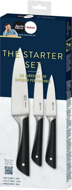 Tefal K267S355 Jamie Oliver The Starter Set, 3-Piece Ice-Hardened German Stainless Steel Knife Set, Chef's 15cm, Utility 12cm, Paring 9cm, Black