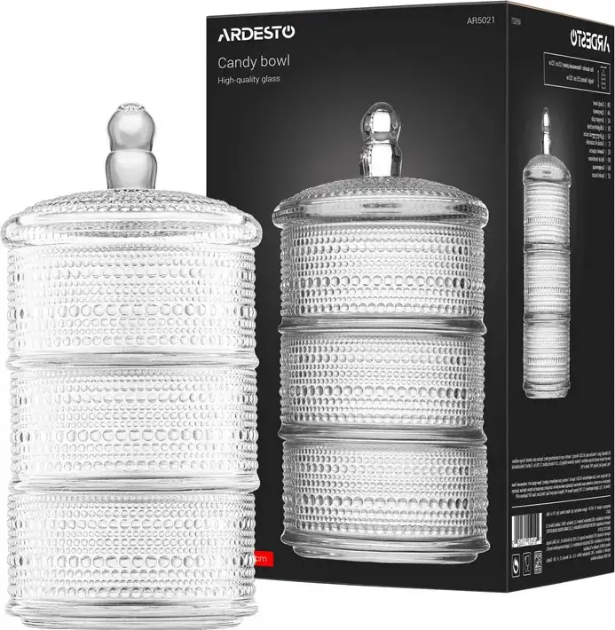 Ardesto AR5021 Verbena 3-Tier Glass Candy Bowl with Lid, Transparent Round Food Server, 12.5 cm Diameter, 25.5 cm Height