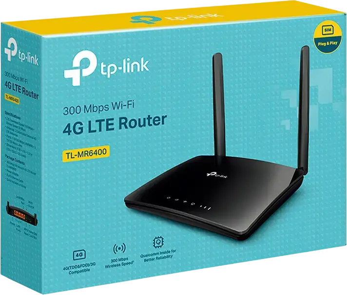 4G LTE роутер TP-Link TL-MR6400 Wireless N 300 Мбит/с, скорость загрузки 150 Мбит/с, слот Nano SIM, 4 порта LAN, съемные антенны, черный