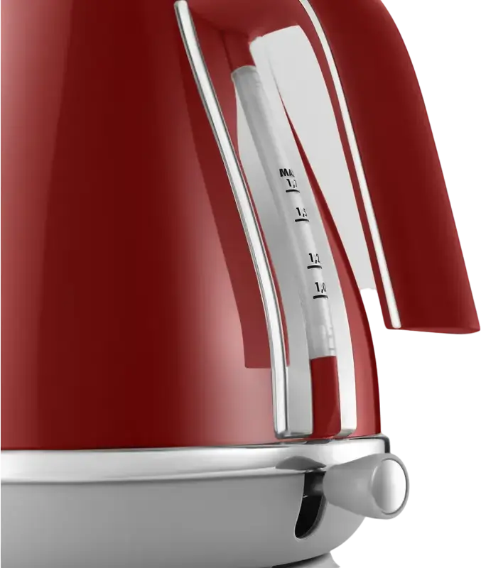 Fierbător electric DeLonghi Icona Capitals KBOC 2001 R, 1.7L, 2000W, Corp Metalic, Tokyo Red, Baza Rotativă 360, Protecție Against Boil-Dry, Filtru Anti-calcar