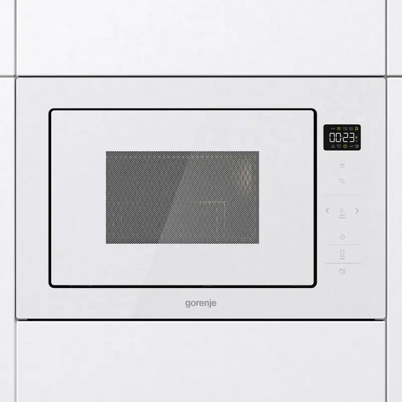 Встраиваемый микроволновый узел Gorenje BM 251 SG2WG с кварцевым грилем, 25 л, 900 Вт, очистка AquaClean, LED-дисплей, нержавеющая сталь, белый