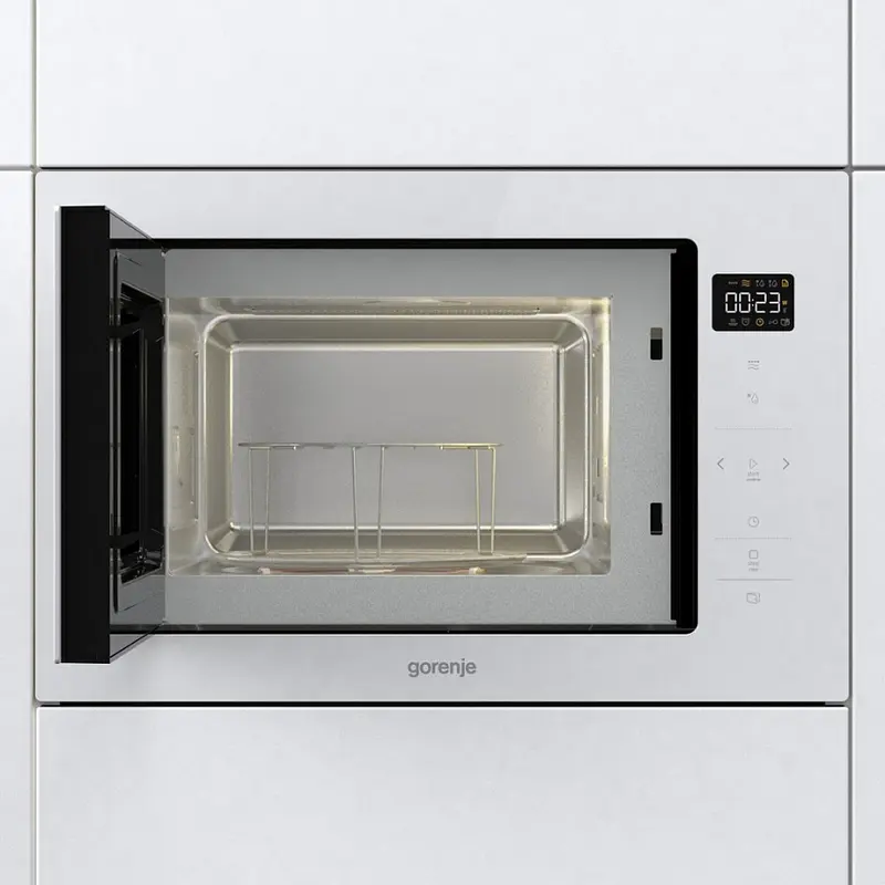 Встраиваемый микроволновый узел Gorenje BM 251 SG2WG с кварцевым грилем, 25 л, 900 Вт, очистка AquaClean, LED-дисплей, нержавеющая сталь, белый