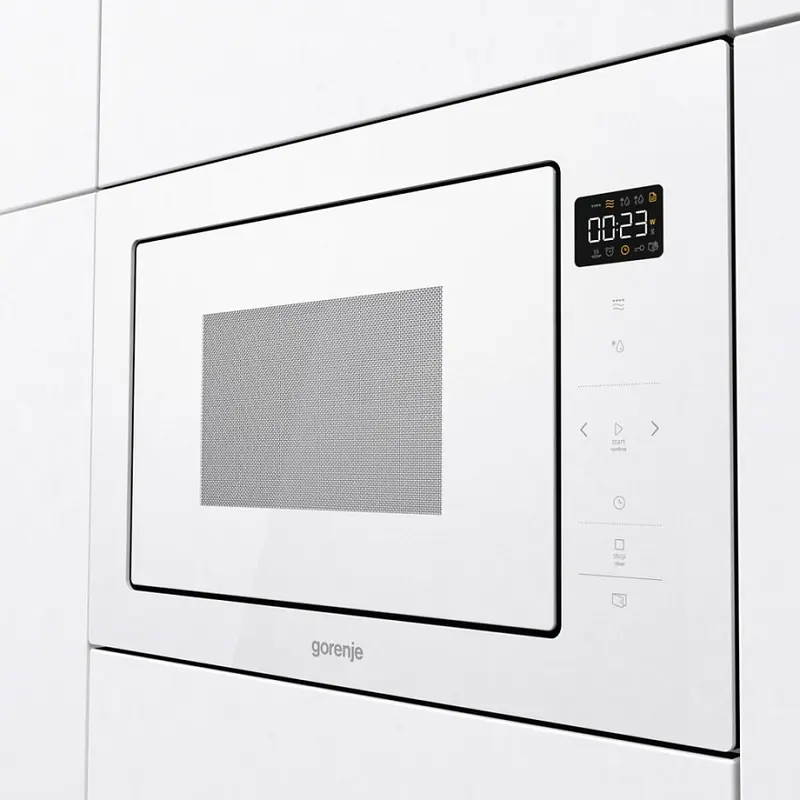 Встраиваемый микроволновый узел Gorenje BM 251 SG2WG с кварцевым грилем, 25 л, 900 Вт, очистка AquaClean, LED-дисплей, нержавеющая сталь, белый