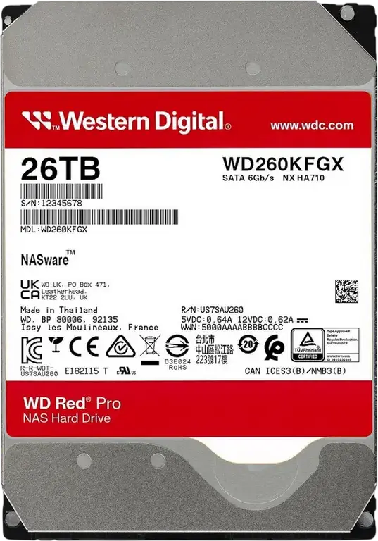 Hard Disk Western Digital WD Red Pro 26TB NAS WD221KFGX, 3.5 inch SATA 6Gb/s, 7200 RPM, Cache 512MB, CMR, Optimizat pentru Sisteme RAID NAS