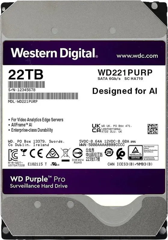 Western Digital WD Purple Pro WD221PURP 22TB 3.5" SATA 6Gb/s 7200RPM Cache 512MB CMR HDD pentru Supraveghere Video AI, AllFrame AI, OptiNAND