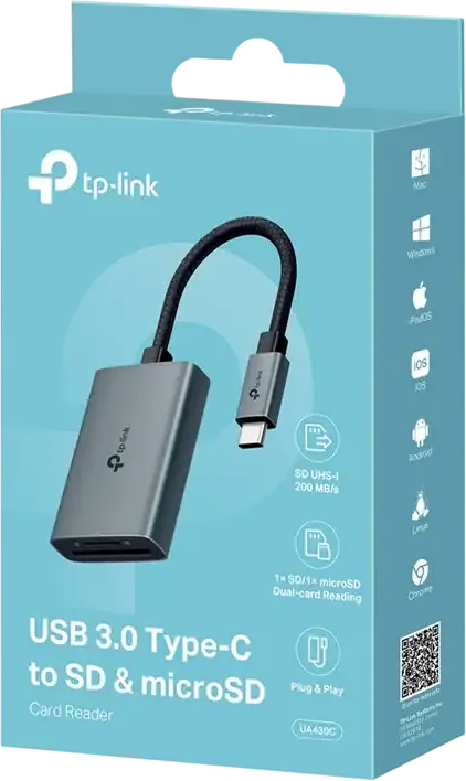 TP-Link UA430C USB 3.0 Type-C to SD & microSD Card Reader, 5Gbps Transfer Speed, 200MB/s UHS-I, Dual Slot, Aluminum Alloy, Grey