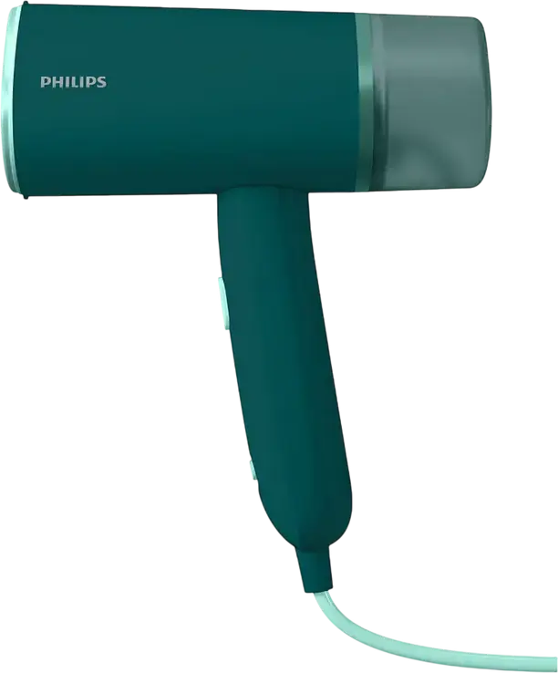 Philips STH3020/70 Seria 3000 Steamere Verticale de Mana, 1000W, Putere Abur 20g/min, Rezervor Detasabil 120ml, Design Compact Pliabil, Verde Inchis