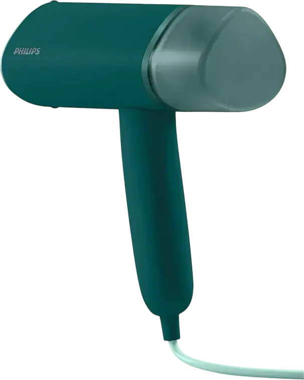 Philips STH3020/70 Seria 3000 Steamere Verticale de Mana, 1000W, Putere Abur 20g/min, Rezervor Detasabil 120ml, Design Compact Pliabil, Verde Inchis