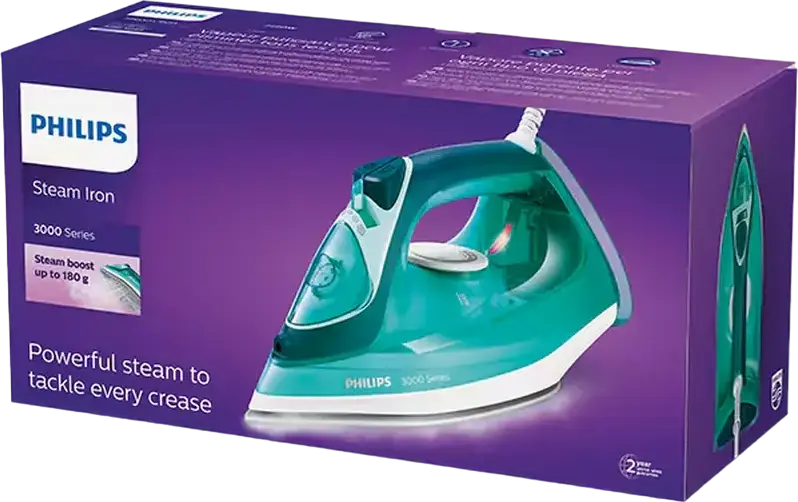 Philips DST3030/70 3000 Series Steam Iron, 2400W, Ceramic Soleplate, 180g/min Steam Boost, 300ml Tank, Vertical Steaming, Auto Shut-off, Green