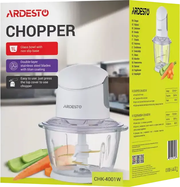 Toator de Alimente Stationar Ardesto CHK-4001W, 400W, Bol de Sticla 1L, Lame Duble din Otel Inoxidabil cu Strat de Titan, Protectie Supraincalzire, Alb