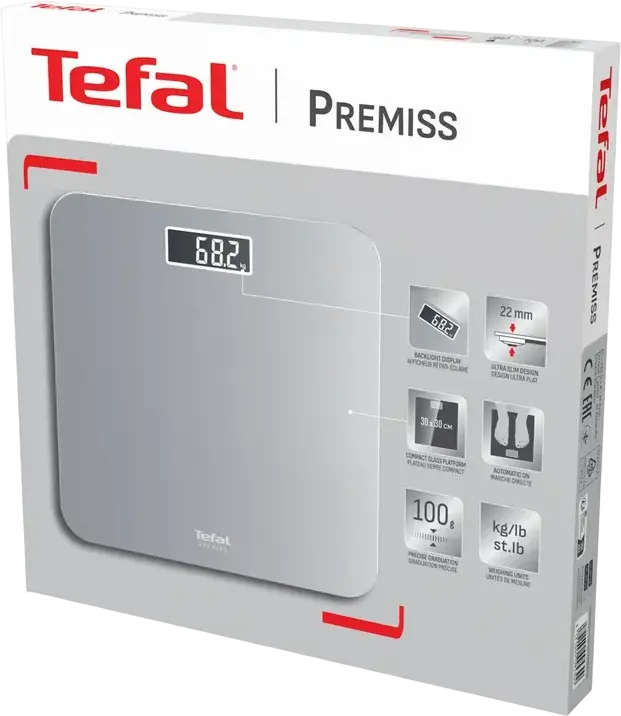 Tefal Premiss PP1801V0 Digital Body Scale, Tempered Glass Platform 30x30cm, 160kg Max Capacity, 0.1kg Precision, LCD Backlight, Silver