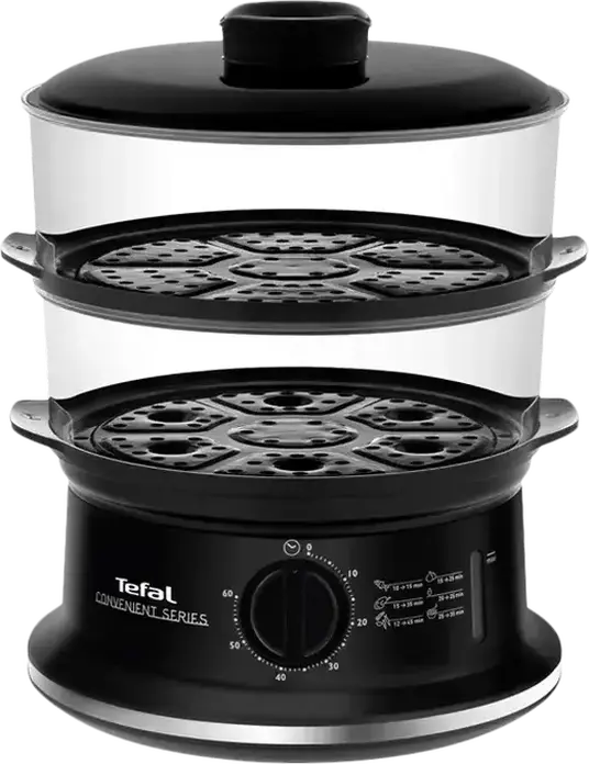 Пароварка Tefal Convenient VC1401, 900 Вт, Общий объем 6 л, 2 уровня приготовления, Резервуар для воды 1.5 л, Таймер 60 мин, Стекло и Пластик, Черный