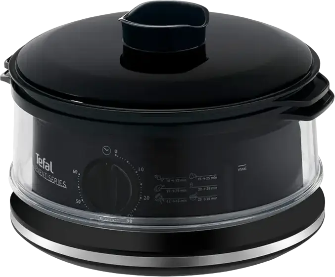 Пароварка Tefal Convenient VC1401, 900 Вт, Общий объем 6 л, 2 уровня приготовления, Резервуар для воды 1.5 л, Таймер 60 мин, Стекло и Пластик, Черный