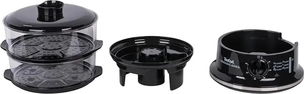 Пароварка Tefal Convenient VC1401, 900 Вт, Общий объем 6 л, 2 уровня приготовления, Резервуар для воды 1.5 л, Таймер 60 мин, Стекло и Пластик, Черный