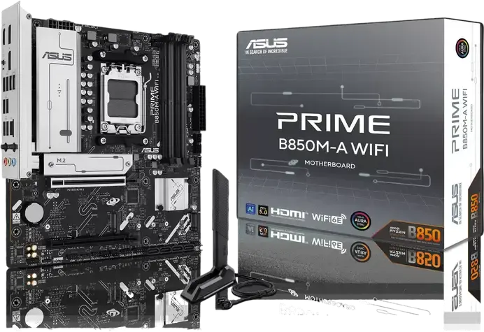 Материнская плата ASUS PRIME B850M-A WIFI Socket AM5 Чипсет AMD B850 Micro-ATX mATX DDR5 8000+ MT/s PCIe 5.0 x16 Wi-Fi 6E Bluetooth 5.3 3x M.2 PCIe 5.0 SSD