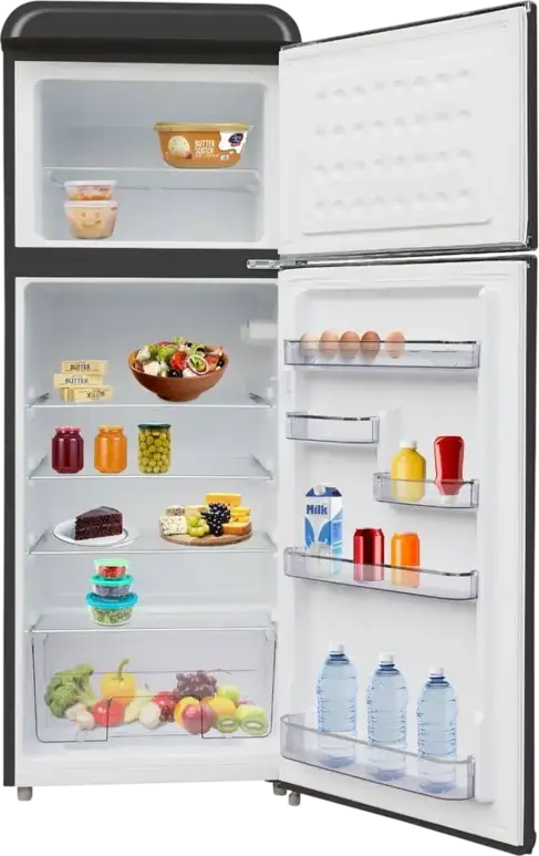 Frigider Combinat Retro STARCREST SRF-208BK, Volum Net 208L, Congelator Sus, Clasa Energetica E, Negru, Rafturi Sticla Securizata, 147x54.5x58.5 cm