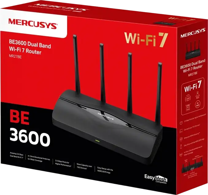 Router Mercusys MR27BE Wi-Fi 7 BE3600, Dual-Band 3.6 Gbps, Porturi WAN/LAN 2.5 Gbps, MLO, 4K-QAM, EasyMesh, 4 Antene High-Gain, Securitate WPA3, Negru