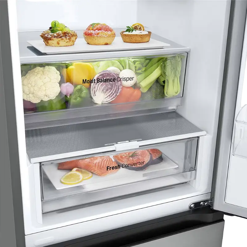 Frigider Combinat LG GBV3200DSW, Congelator Jos, Total No Frost, Compresor Smart Inverter, Volum Net 387L, DoorCooling+, LinearCooling, Argintiu