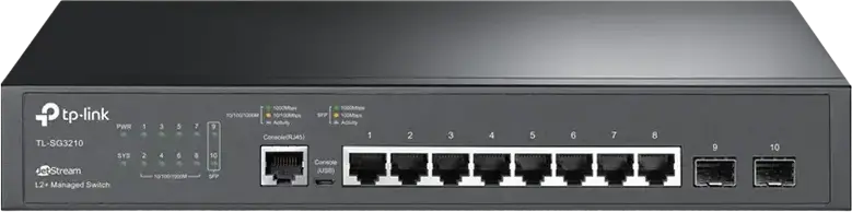 Управляемый коммутатор L2+ TP-Link JetStream TL-SG3210, 8 портов Gigabit RJ45, 2 порта SFP, облачное управление Omada SDN, статическая маршрутизация