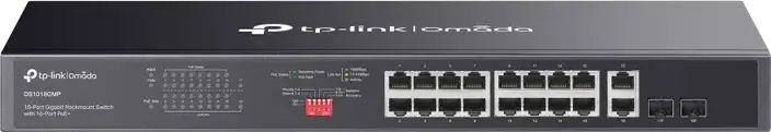 Switch Rackmount TP-Link DS1018GMP Omada Neadministrat, 16 Porturi PoE+ 10/100/1000 Mbps, 2 Porturi Combo Gigabit SFP, Buget PoE 250W, Mod Extend 250m, Carcasa Otel