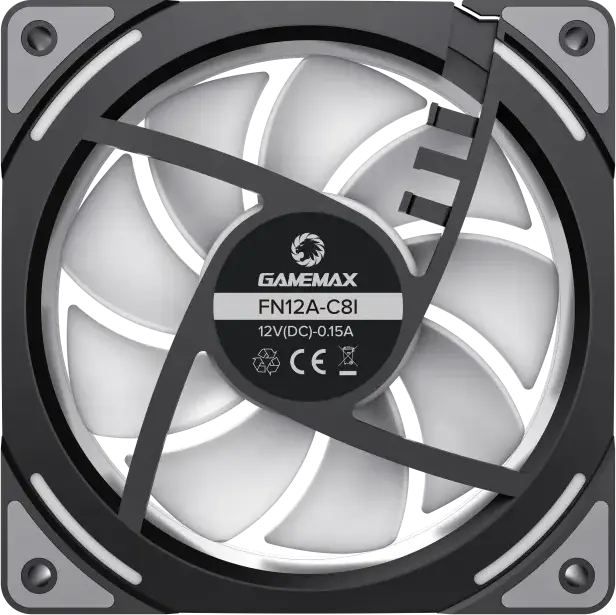 Gamemax FN12A-C8I 120mm ARGB Case Fan, Hydraulic Bearing, 800-1600 RPM PWM, Addressable RGB AURA Sync, Black Frame, White Blades