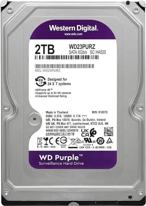 Western Digital WD Purple WD23PURZ 2TB 3.5" HDD Intern SATA 6Gb/s CMR 5400 RPM Cache 256MB pentru Supraveghere 24/7 NVR DVR Tehnologie AllFrame