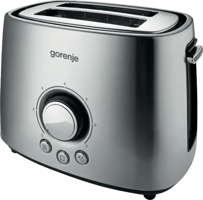 Prăjitor de pâine Gorenje T1000E, 2 fante, 1000W, Inox, 7 nivele de prăjire, Funcții Defrost și Reheat, Lift pentru felii mici, Tavă colectoare firimituri