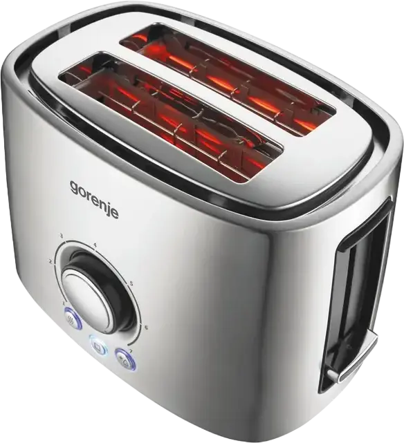 Prăjitor de pâine Gorenje T1000E, 2 fante, 1000W, Inox, 7 nivele de prăjire, Funcții Defrost și Reheat, Lift pentru felii mici, Tavă colectoare firimituri