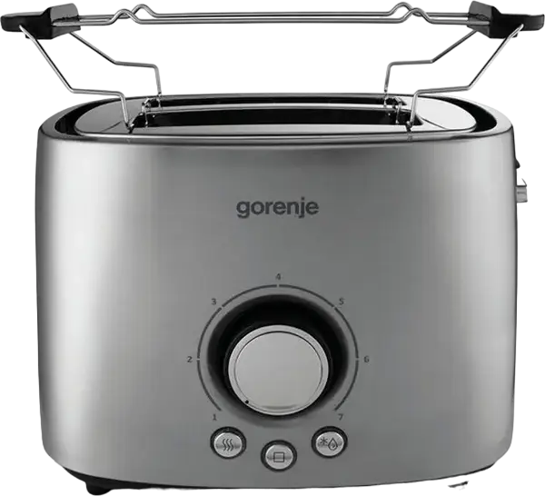Prăjitor de pâine Gorenje T1000E, 2 fante, 1000W, Inox, 7 nivele de prăjire, Funcții Defrost și Reheat, Lift pentru felii mici, Tavă colectoare firimituri