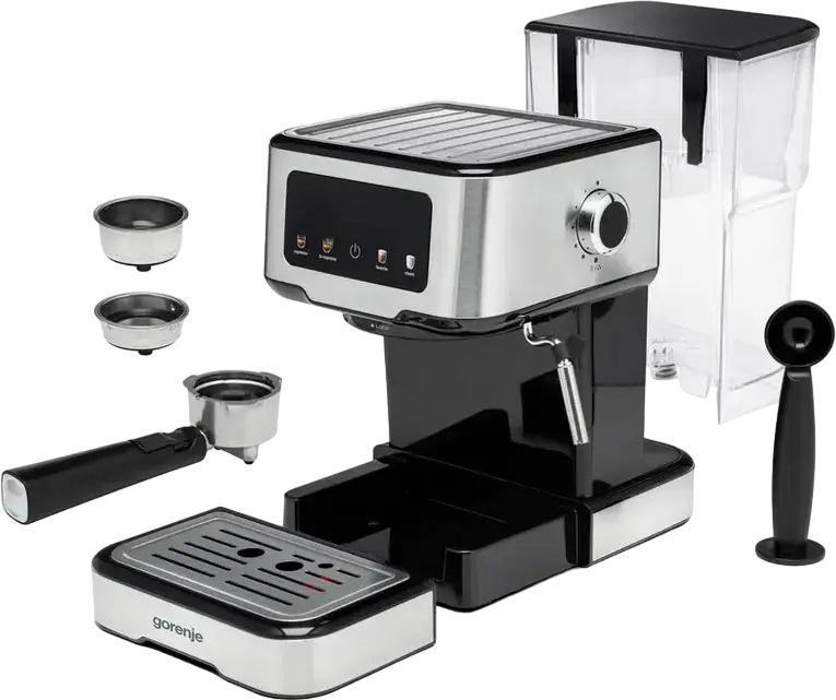 aparat de cafea espresso manual Gorenje ESCM15CD, pompa 15 bar, 1100W, rezervor apa 1.5L, otel inoxidabil, ecran tactil LED, spumator lapte, gri