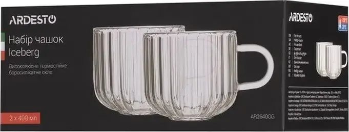 Set Cani Ardesto Iceberg AR2640GG din Sticla Borosilicata, 400 ml, Rezistente la Temperatura, Transparente