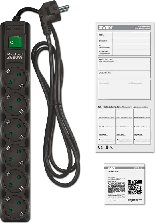 SVEN SF-06E-16 Power Strip Extension Cord, 6 Sockets, 16A, 3680W Max Load, On/Off Switch with Indicator, Wall-Mountable, Black Cable length: 5 m