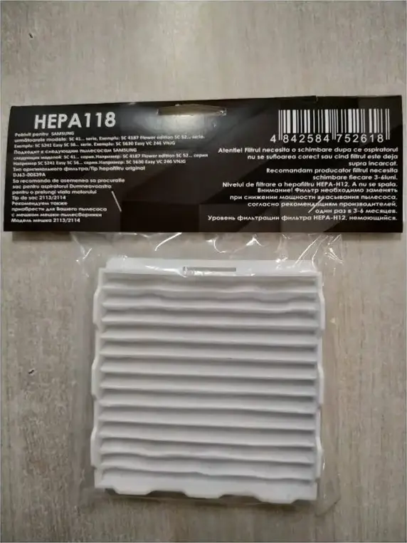 EcoFilterBags HEPA 118 Vacuum Filter H12 Microfiber Foam Rubber for Samsung SC 4187 SC 5241 SC 5630, White