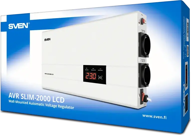 Stabilizator de Tensiune Automat SVEN AVR SLIM-2000 LCD, 2000VA/1200W, Tip Releu, Ecran LCD, Carcasă Metalică, Ieșire 220V, Montare pe Perete, Gri Deschis