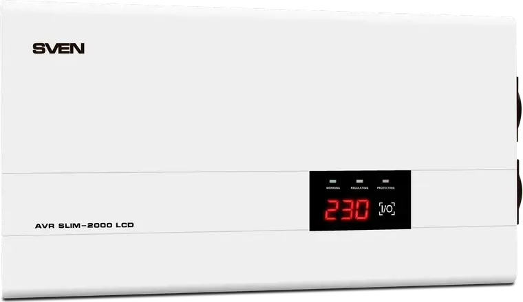 Stabilizator de Tensiune Automat SVEN AVR SLIM-2000 LCD, 2000VA/1200W, Tip Releu, Ecran LCD, Carcasă Metalică, Ieșire 220V, Montare pe Perete, Gri Deschis