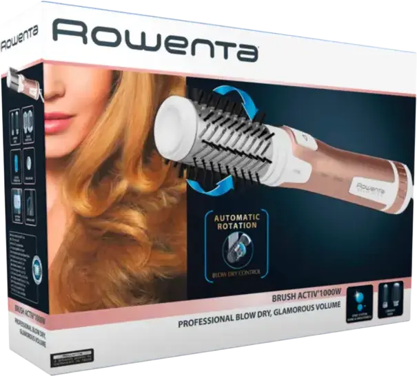 Perie rotativa Rowenta CF9520F0 Brush Activ' Compact, 1000W, Invelis Ceramic, Generator Ionic, 2 Perii 40mm si 50mm, Shot Aer Rece, Aur/Alb