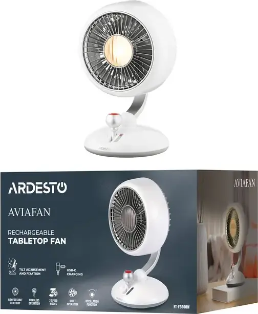 Портативный настольный осевой вентилятор Ardesto AviaFan FT-F3600W, аккумулятор 3600 мАч, зарядка USB-C, 3 скорости, LED-подсветка, горизонтальная осцилляция