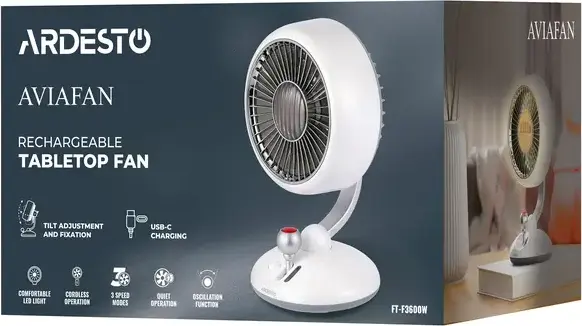 Портативный настольный осевой вентилятор Ardesto AviaFan FT-F3600W, аккумулятор 3600 мАч, зарядка USB-C, 3 скорости, LED-подсветка, горизонтальная осцилляция