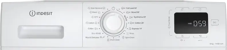 Indesit IM 864 MY Front-Loading Washing Machine, 8kg Capacity, 1400 rpm Spin, Energy Class A, Steam Cleaning, LED Display, White