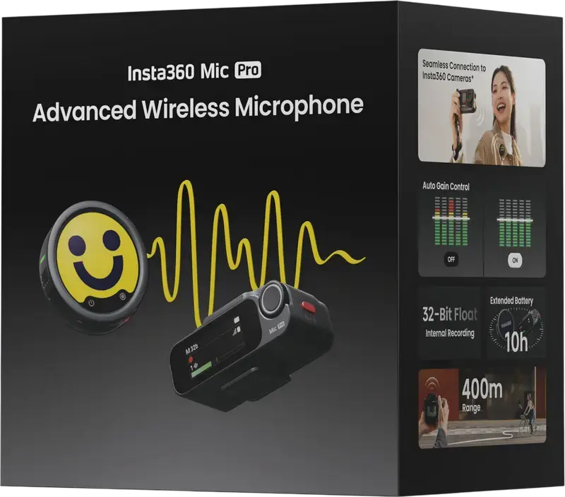 Insta360 Mic Pro Wireless Microphone System, 1 TX + 1 RX, 32-bit Float Internal Recording, 400m Range, AI Noise Canceling, 32GB Memory, Black